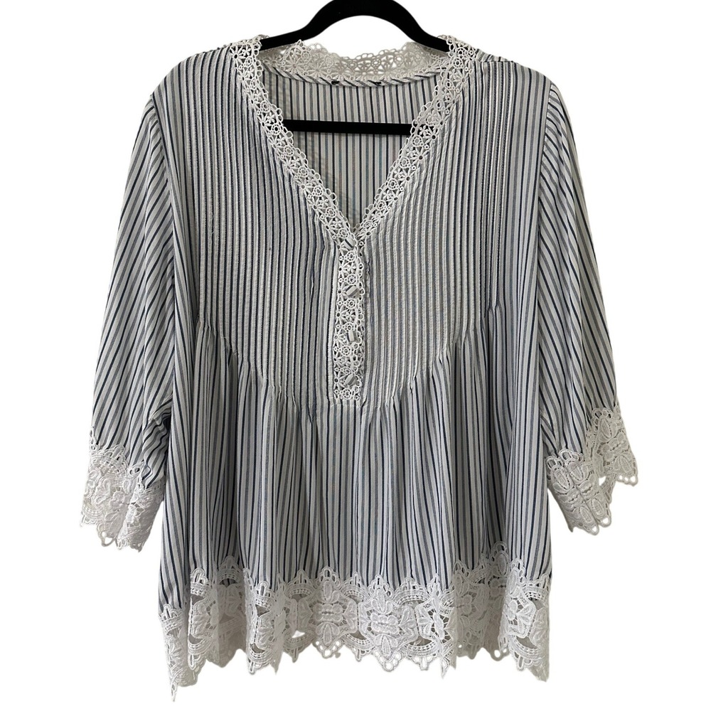 Nautical Womens Striped Lace Trim Boho Blouse Size 3X Office Career Work